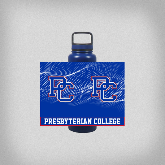 Blue water bottle with Presbyterian College logo with a wavy background.