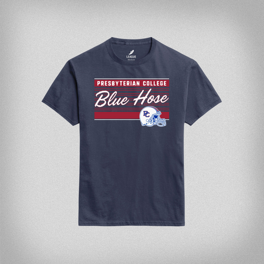 Denim blue t-shirt with 'Presbyterian College Blue Hose' text over red stripes with a PC football helmet on it