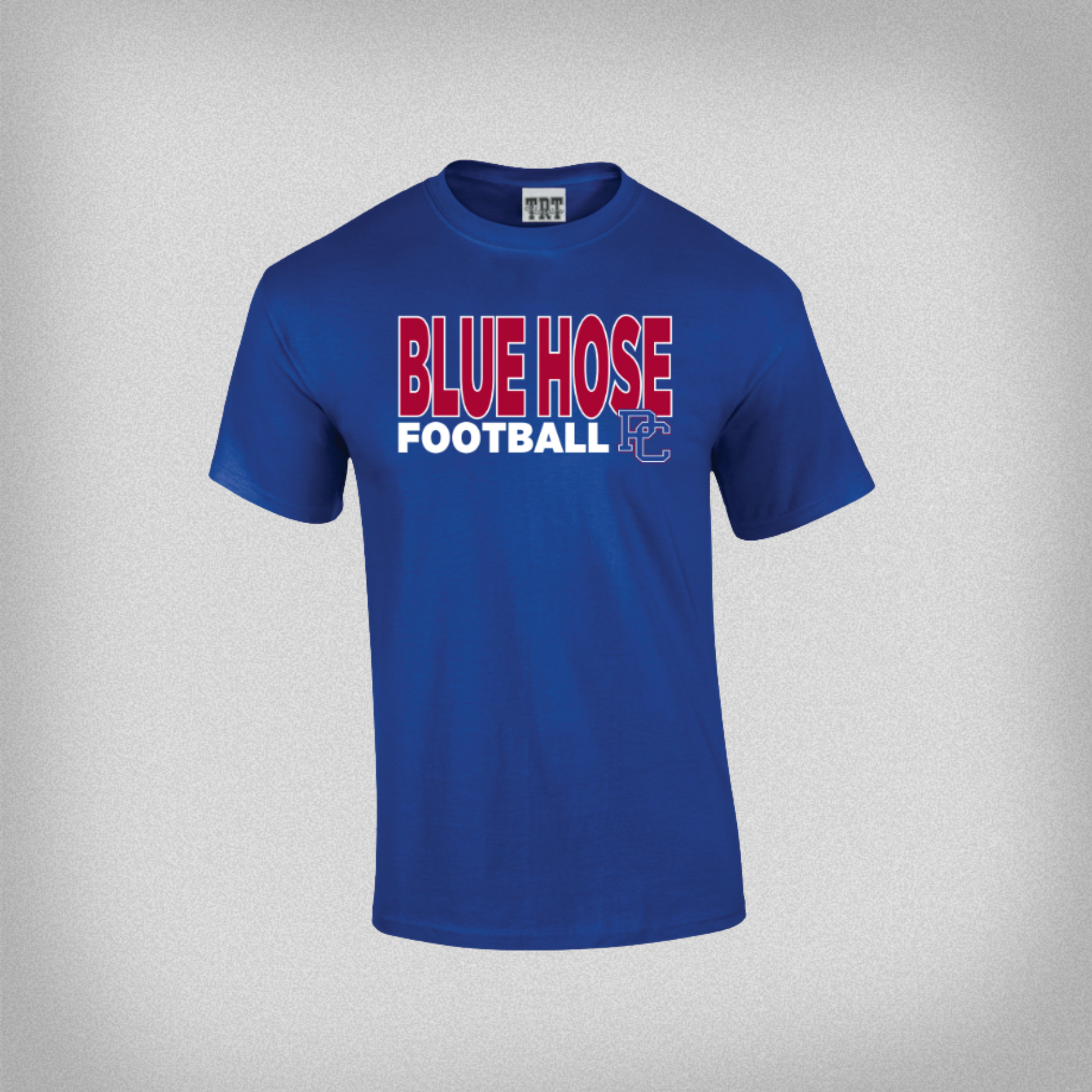 Blue t-shirt with 'BLUE HOSE FOOTBALL' text on a gray background