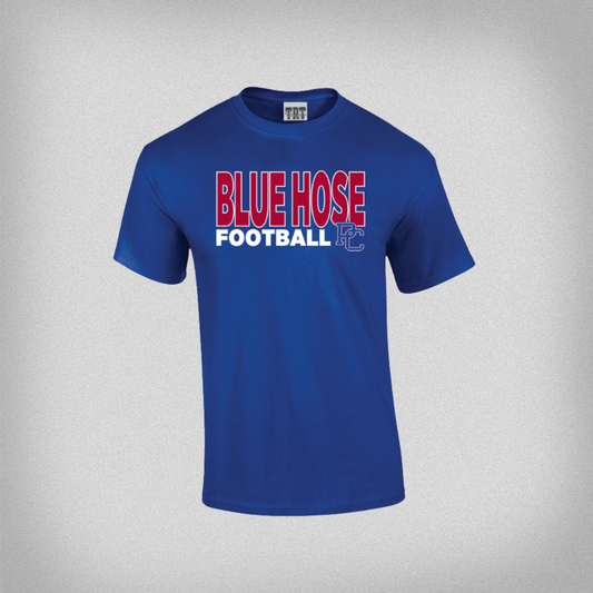 Blue t-shirt with 'BLUE HOSE FOOTBALL' text on a gray background