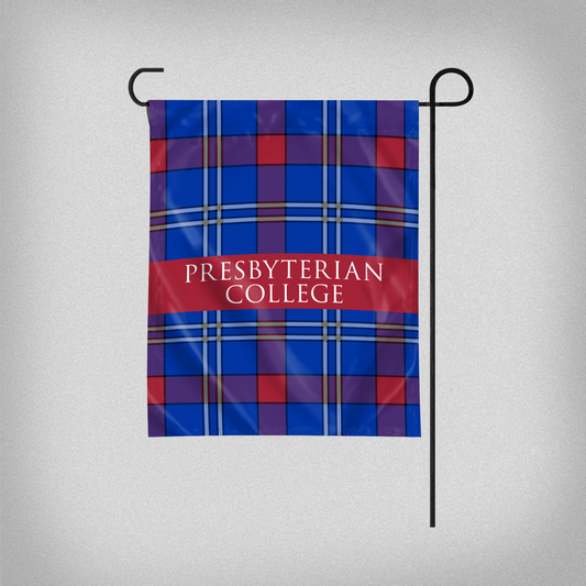 blue, white, and red tartan garden flag with Presbyterian College across the middle.