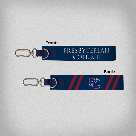 navy blue keychain strap with presbyterian college on one side and the block PC logo with stripes on the other