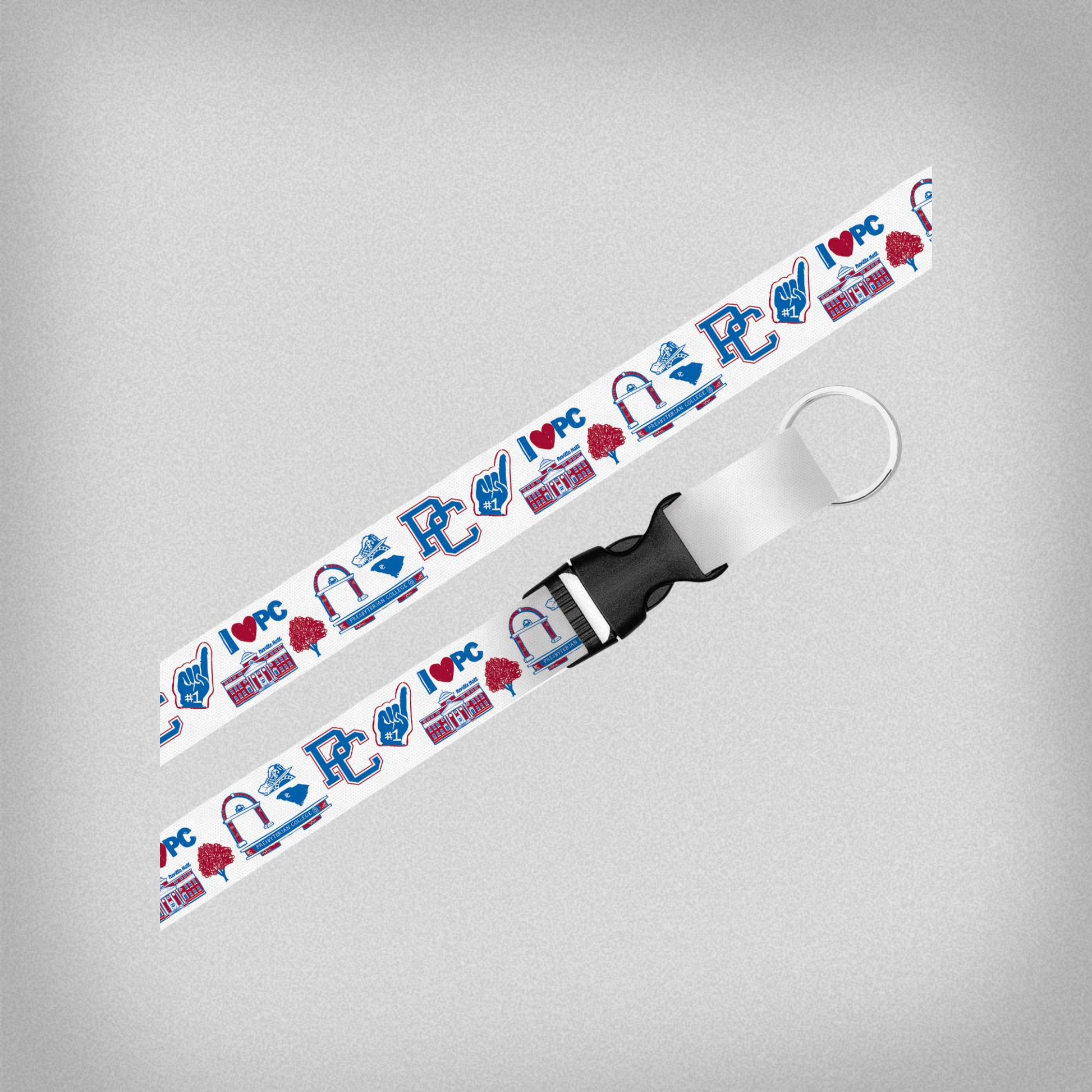 white lanyard with blue, red, and white designs that include the block PC, south carolina, Neville Hall, the bell, and the PC sign