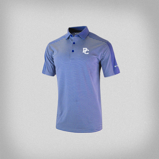 blue and white striped polo with block PC logo on the front left chest