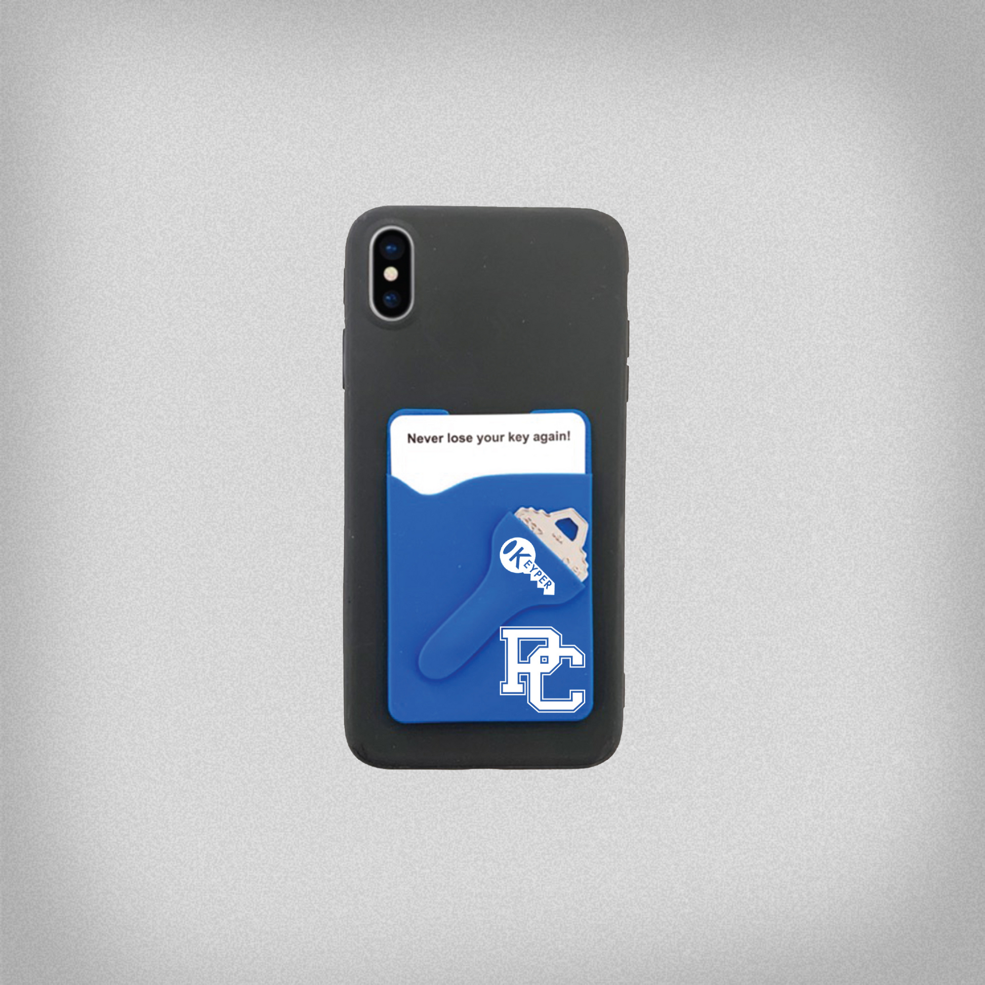 product image of a royal blue silicone phone wallet with a slot for a card and a key
