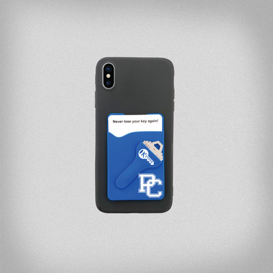 product image of a royal blue silicone phone wallet with a slot for a card and a key