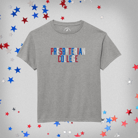 product photo of a grey youth t-shirt with presbyterian college graphic with red white and blue letters. the white letters have a subtle stripe design to them. the background of the product photo has red white and blue stars on it.