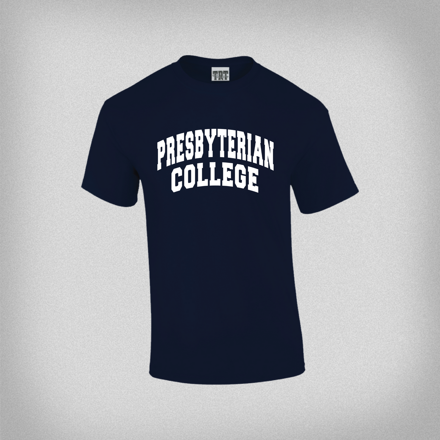 navy blue t-shirt with presbyterian college in white ink in an arch across the chest. 