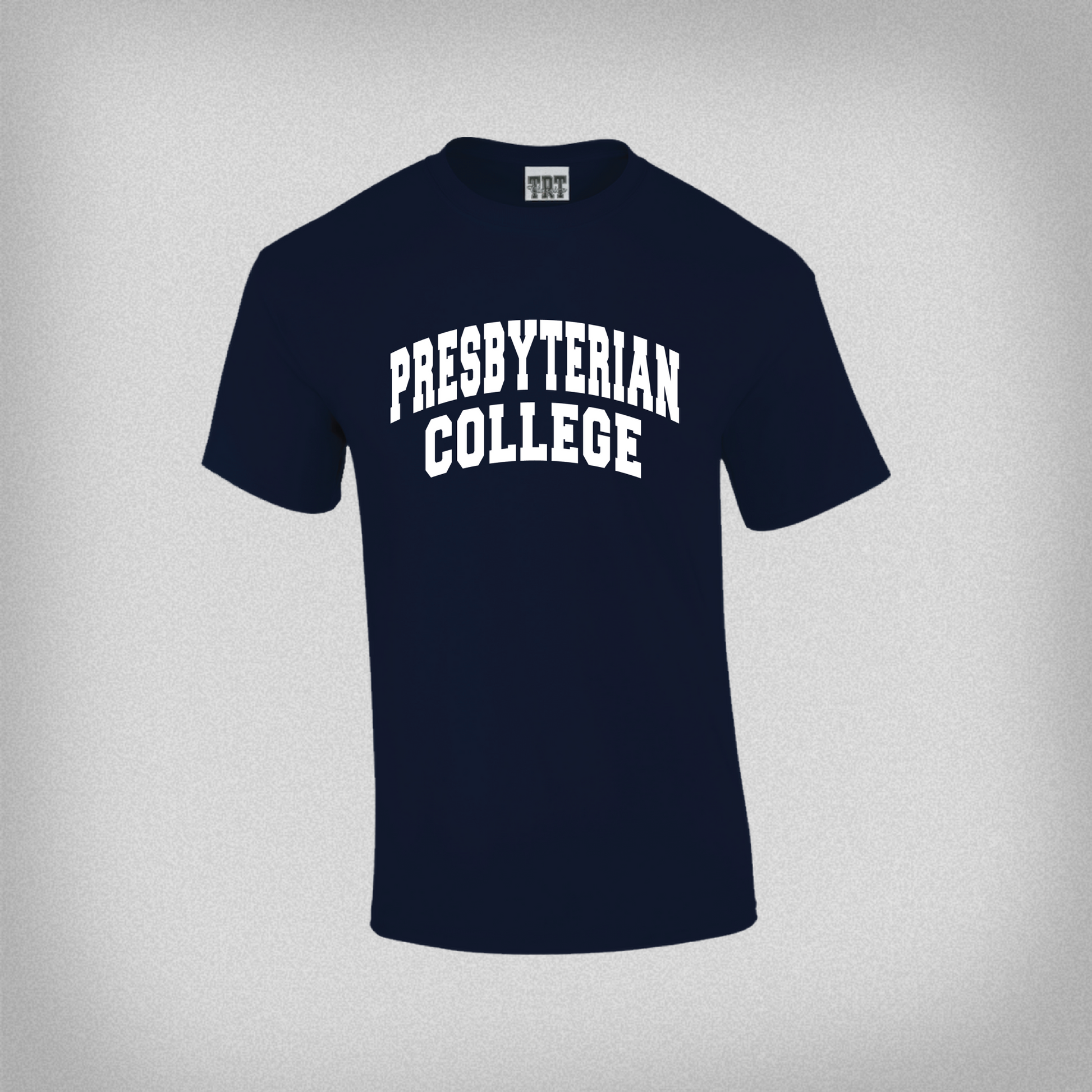navy blue t-shirt with presbyterian college in white ink in an arch across the chest. 