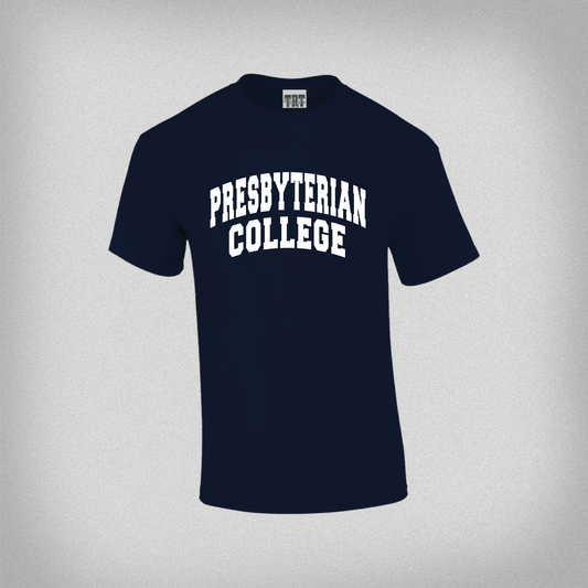 navy blue t-shirt with presbyterian college in white ink in an arch across the chest. 