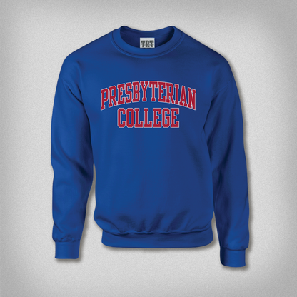 royal sweatshirt with Presbyterian College in red/white ink