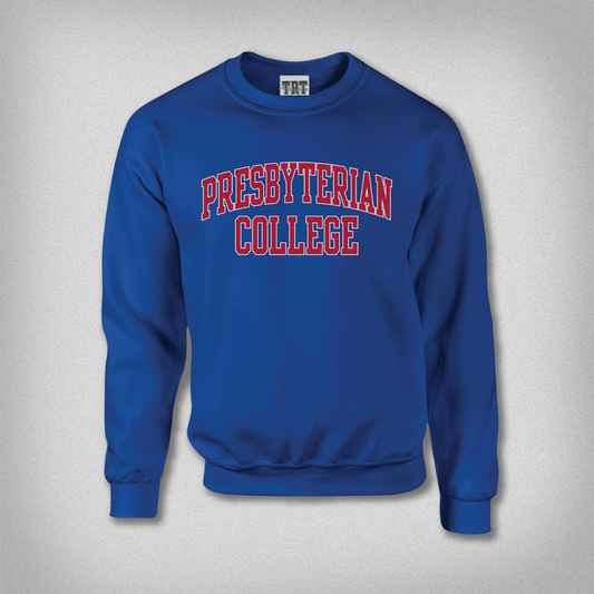 royal sweatshirt with Presbyterian College in red/white ink