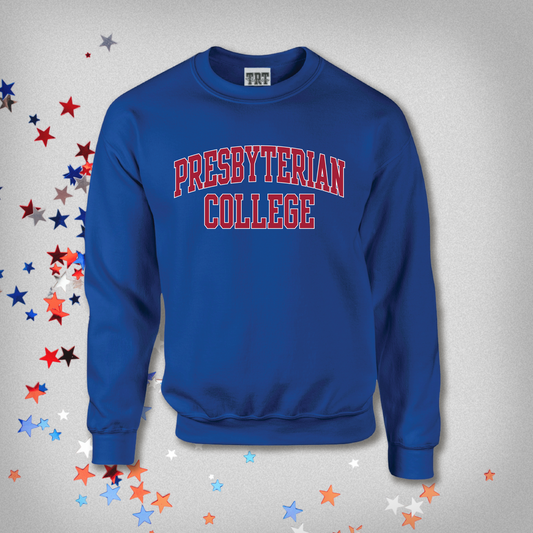 royal sweatshirt with Presbyterian College in red/white ink. the background has red, white, and blue stars