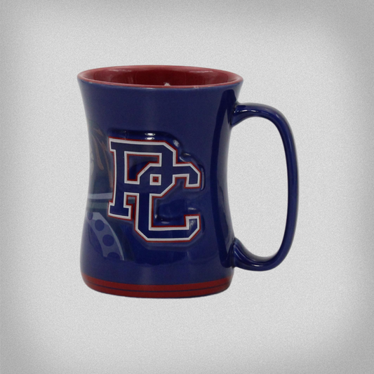 Product photo that shows a dark blue mug with a 3d sculpted PC emblem on one side.