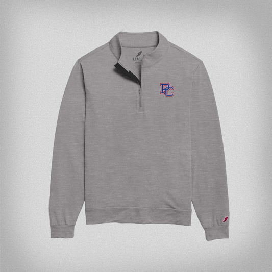 Light grey quarter zip sweatshirt with an embroidered PC logo on the left front chest.