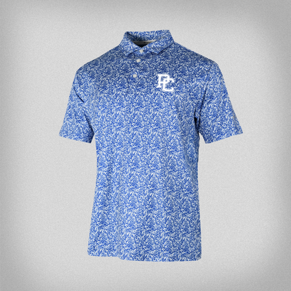 Royal Blue and white floral pattern polo shirt with a white embroidered PC logo on the left front chest