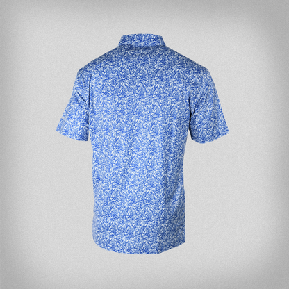 back view of the royal and white floral patterned polo