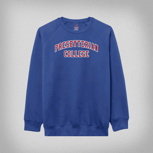 Royal blue sweatshirt with applique Presbyterian college in red and white on it.