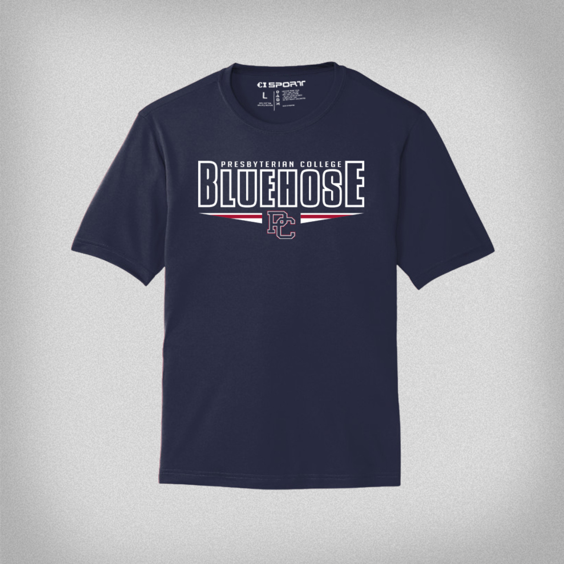 Navy blue t-shirt with 'Presbyterian College Blue Hose' graphic in white and red ink