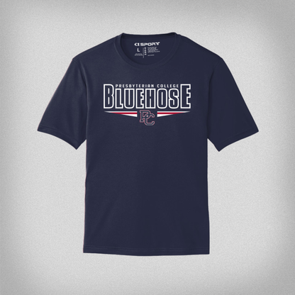 Navy blue t-shirt with 'Presbyterian College Blue Hose' graphic in white and red ink